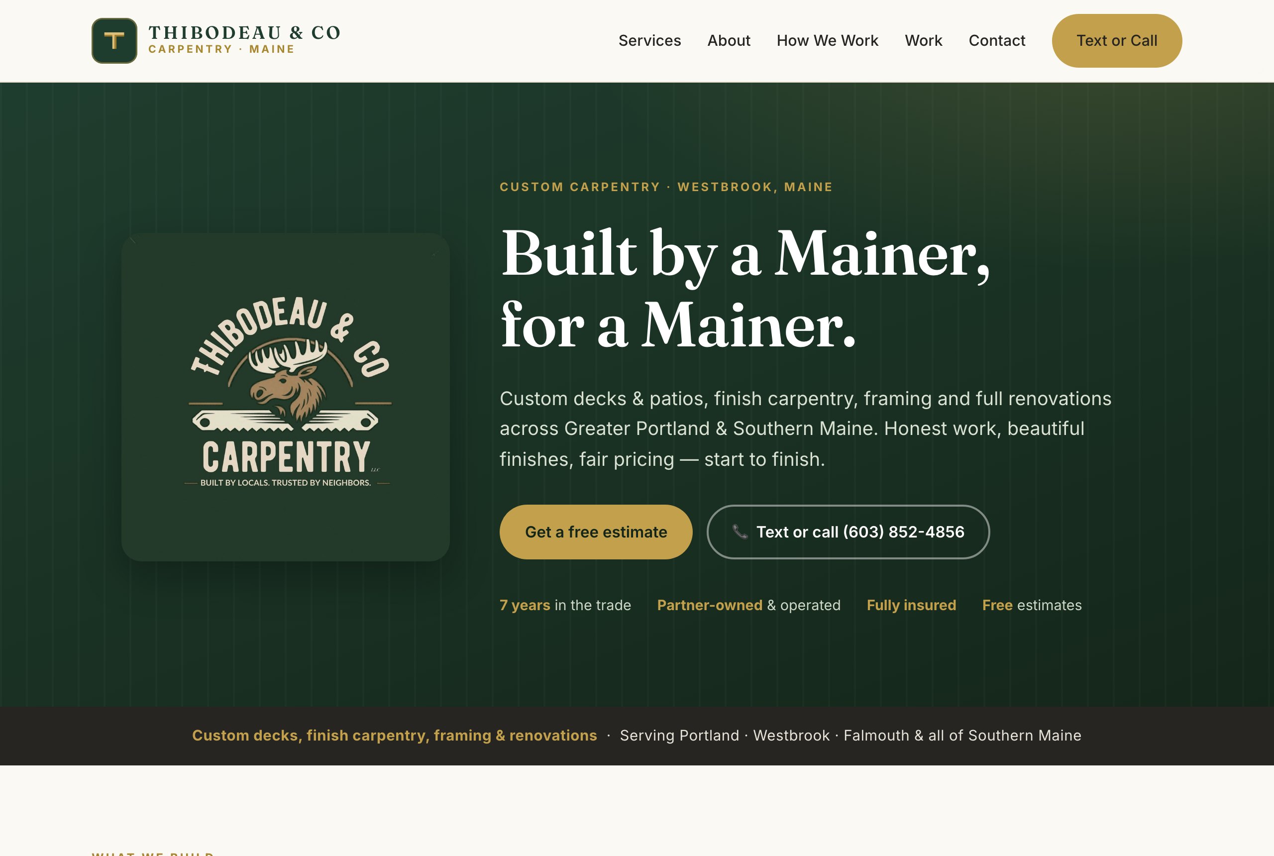 A bespoke website we designed and built for Thibodeau & Co Carpentry, a Southern Maine carpenter